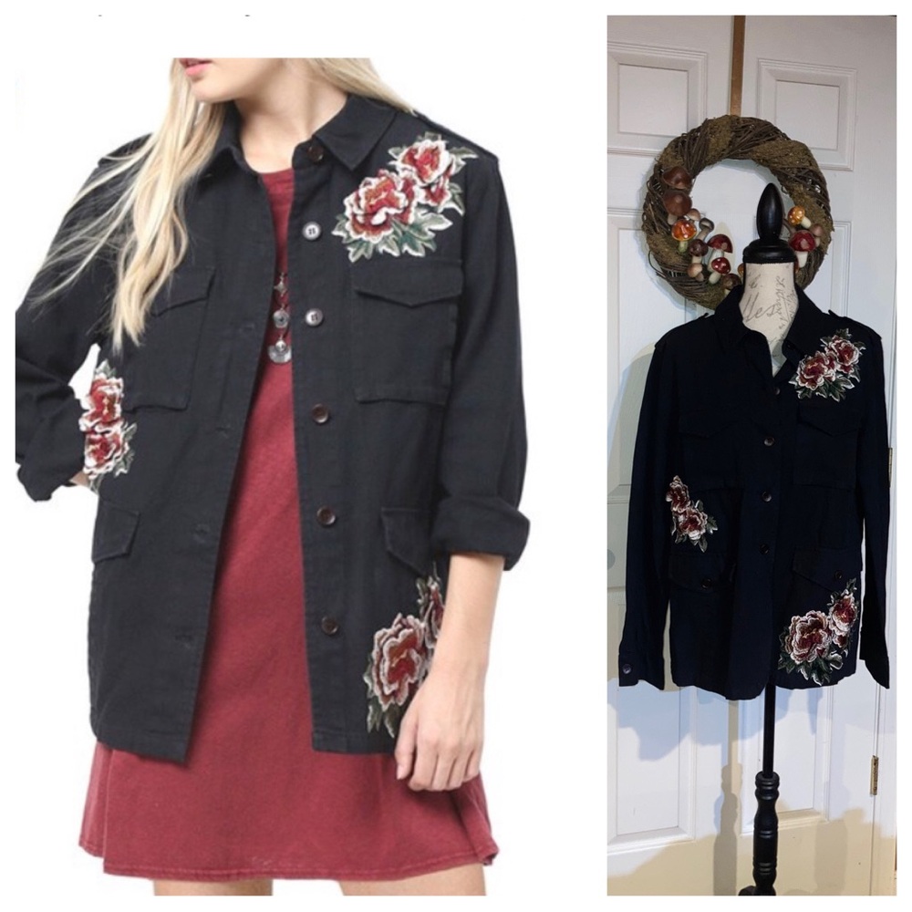 NWT Floral Embroidered Lightweight Button Down Jacket Black Large by Loveriche